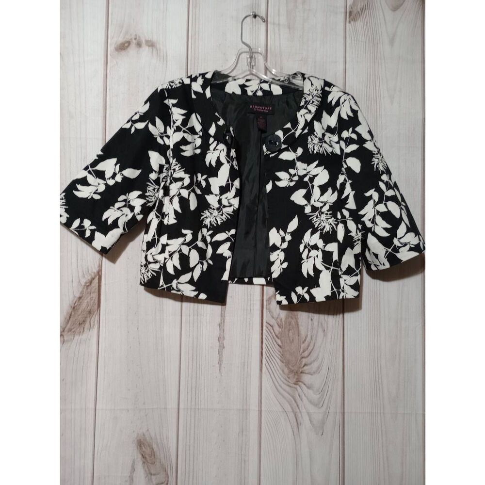 Signature by Robbie Bee Womens Black White Floral Cropped Blazer Jacket Size 10